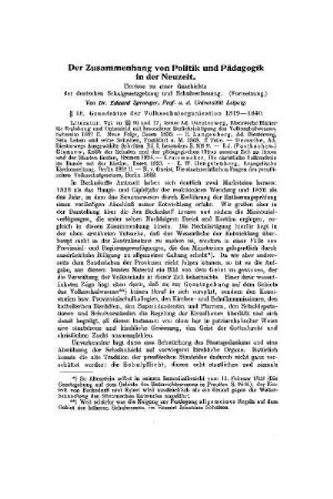 Der Zusammenhang von Politik und Pädagogik in der Neuzeit : Umrisse zu einer Geschichte der deutschen Schulgesetzgebung und Schulverfassung ; (Fortsetzung)