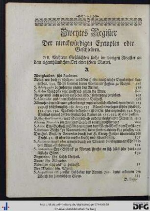 Zweytes Register Der merckwürdigen Exemplen oder Geschichten.