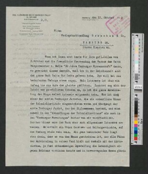 Brief an die Verlagsbuchhandlung Broschek