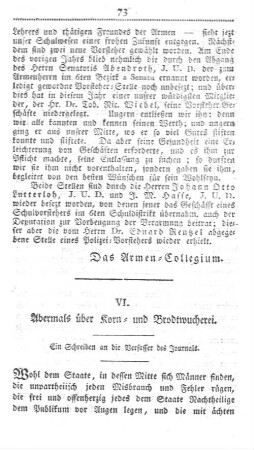 VI. Abermals über Korn- und Brodtwucherei.