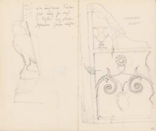 Reiseskizzen aus Athen, Venedig und Padua: Detail Sitzbank, Ansicht Marmorstück (aus: Skizzenalbum 4)