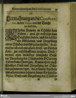 IV. Vermahnung an die Confitenten, in der Vesper vor der Beicht zu verlesen