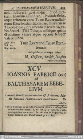XCV. Ioannis Fabricii ad Balthasarem Bebelium