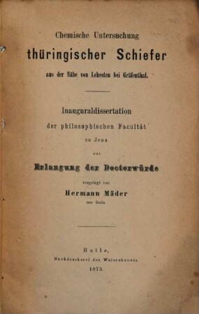 Chemische Untersuchung thüringischer Schiefer aus der Nähe von Lehesten bei Gräfenthal