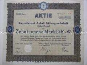 Aktie der Getreidebank Anhalt Aktiengesellschaft über 10.000 Mark
