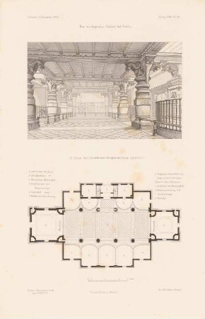 Zoologischer Garten, Berlin Elefantenhaus: Grundriss, Perspektivische Innenansicht (aus: Atlas zur Zeitschrift für Bauwesen, hrsg. v. F. Endell, Jg. 26, 1876)