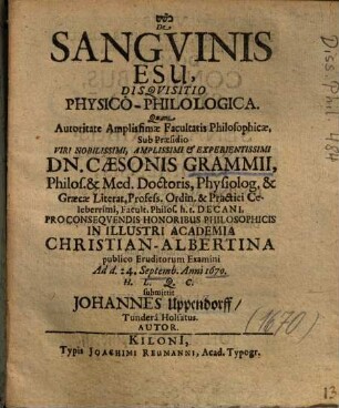 De Sangvinis Esu, Disqvisitio Physico-Philologica