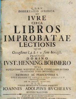 Dissertatio ivridica De ivre circa libros improbatae lectionis