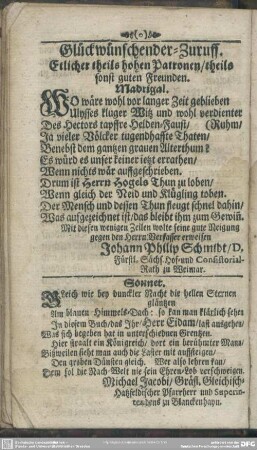 Glückwünschender Zuruff. Etlicher theils hohen Patronen, theil sonst guten Freunden