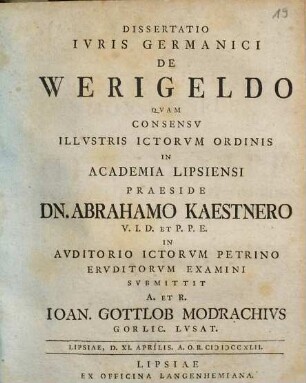 Dissertatio Ivris Germanici De Werigeldo