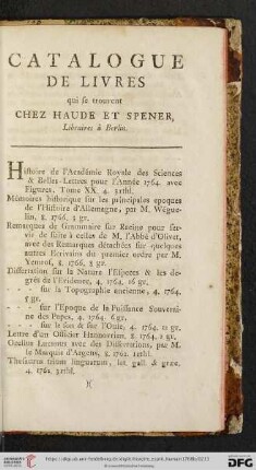 Catalogue de Livres [...] chez Haude et Spener