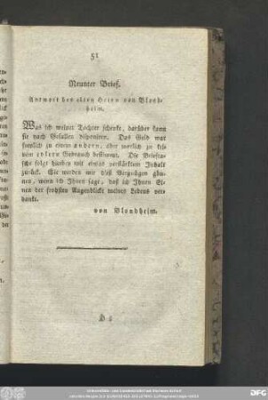 Neunter Brief. Antwort des alten Herrn von Blondheim.