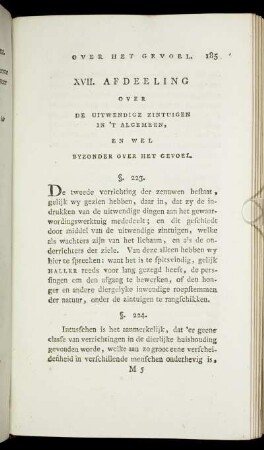 XVII. Afdeeling. Over de Uitwendige Zintuigen in 't algemeen, en wel byzonder over het Gevoel