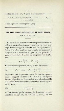Sur deux classes remarquables de lignes planes.