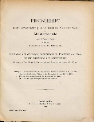 Einladungsschrift zu der ... stattfindenden öffentlichen Prüfung der Musterschule (Realschule 1. Ordnung) in Frankfurt am Main. 1879/80