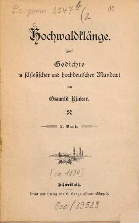 Hochwaldklänge : Gedichte in schlesischer u. hochdt. Mundart, 2