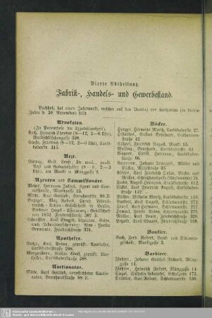 Vierte Abtheilung. Berufsklassen und Gewerbebetriebe : Vierte Abtheilung. Fabrik., Handels- und Gewerbestand
