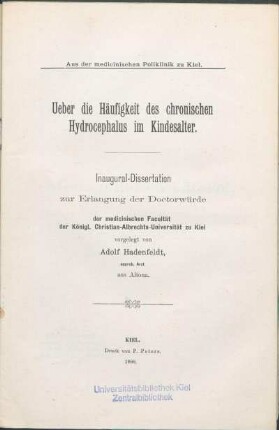 Ueber die Häufigkeit des chronischen Hydrocephalus im Kindesalter
