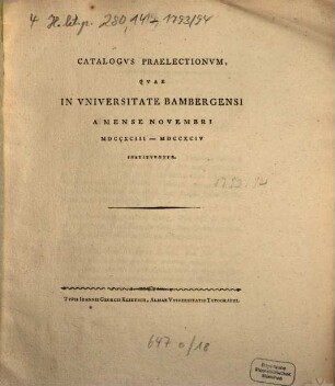 Catalogvs praelectionvm, qvae in Vniversitate Bambergensi ... institvvntvr. 1793/94, 1793/94
