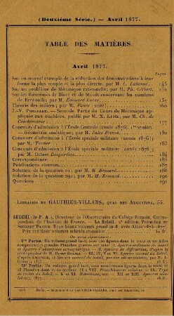 Table des matières. Avril 1877.