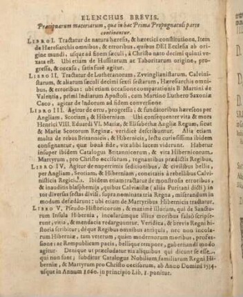 Elenchus Brevis. Praecipuarum materiarum, quae in hac Prima Propugnaculi parte continentur.