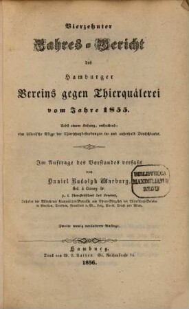 Jahresbericht des Hamburger Vereins gegen Thierquälerei : für das Jahr ..., 14. 1855 (1856)
