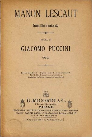 Manon Lescaut : dramma lirico in quattro atti