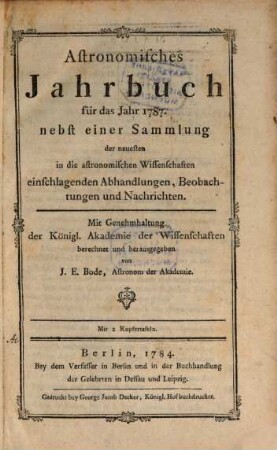 Astronomisches Jahrbuch, 1787 (1784)