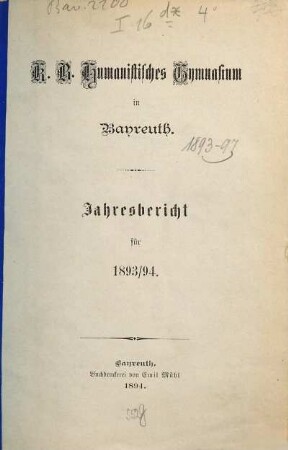 Jahresbericht : für das Schuljahr ... 1893/94