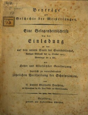 Beyträge zur Geschichte der Meistersänger
