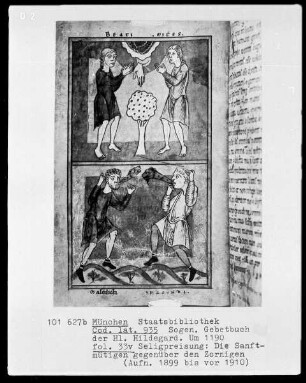 Sogenanntes Gebetbuch der heiligen Hildegard — Seligpreisung, die Sanftmütigen gegenüber den Zornigen, Folio 33verso