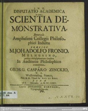 Disputatio academica, in qua scientia demonstrativa
