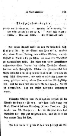 Fünfzehntes Kapitel: Abreise von Lexington. - Weinbau in Kentucky. - Die Flüsse Kentucky und Dick. - Reise nach Nasheville. - Mulder-Hill. - Der Green-River.