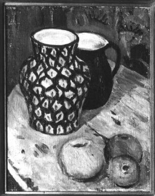 Stilleben mit Äpfeln und Krügen : Gußmann, Otto: Stilleben mit Äpfeln und Krügen. Um 1915. Öl auf Leinwand; 26 x 21 cm. Sammlung Pappermann. Ausstellung "Otto Gußmann", 14.03.-19.04.1992. Dresden: Kunst Haus Dresden, Rähnitzgasse