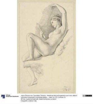 Therese - Weiblicher Akt, zurückgelehnt nach links sitzend auf einem Felsenstück mit Bergkristallen, in den Händen eine Spindel mit aufgewickelter Perlenkette