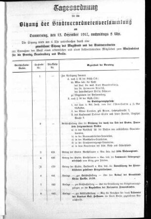 Anlage: Tagesordnung für die Sitzung, 8. Dezember 1917