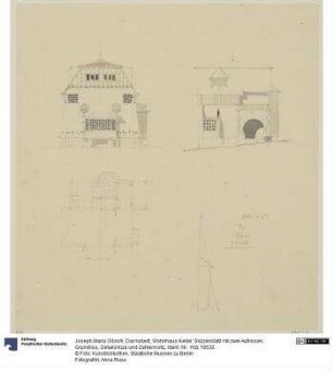 Darmstadt, Wohnhaus Keller, Skizzenblatt mit zwei Aufrissen, Grundriss, Detailskizze und Zahlennotiz
