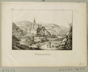 Schloss Weesenstein über dem Müglitztal (Müglitztal-Weesenstein) südöstlich von Dresden, Blick vom Abendfrieden nach Süden, aus: Andenken an die Sächsische Schweiz von C. A. Richter 1820