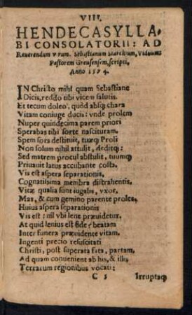 VIII. Hendecasyllabi Consolatorii: Ad Reverendum virum. Sebastianum Starckium ...