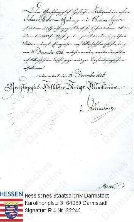 Stieler, Johannes (1787-1847) / Beglaubigungsschein zur Verleihung des Militärdienst-Ehrenzeichens für 25jährige Dienste an Johannes Stieler durch das Kriegsministerium am 26.12.1833