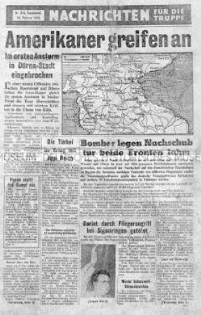 Nachrichtenblatt der US-Armee für die Wehrmacht u.a. zum Vormarsch der US-Truppen im Ruhrgebiet und zur Eroberung von Posen durch die Rote Armee