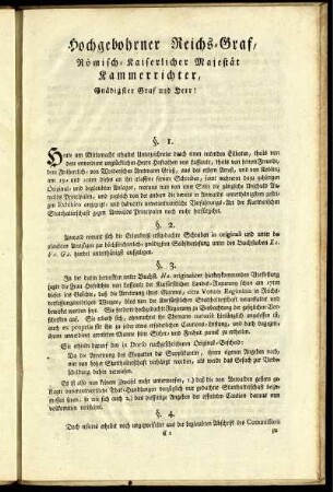 Hochgebohrner Reichsgraf, Römisch-Kaiserliche Majestät Kammerrichter, Gnädigster Graf und Herr!