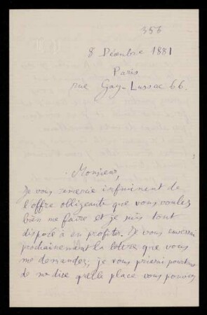 Nr. 5 (= Nr. 356) Brief von Henri Poincaré an Felix Klein. Paris, 8.12.1881