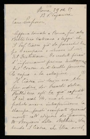 Nr. 6: Brief von Ignazio Guidi an Paul de Lagarde an, Rom, 29.10.1889