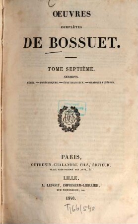 Oeuvres complètes de Bossuet, 7. Sermons