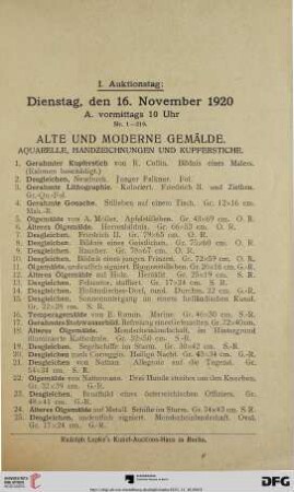 Alte und moderne Gemälde. Aquarelle, Handzeichnungen und Kupferstiche (Nr. 1-219)
