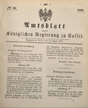 № 42. Ausgegeben zu Cassel am 20. August 1868.