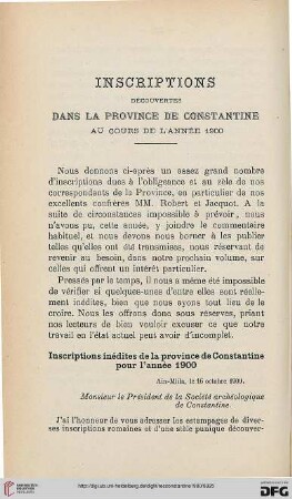 Sér. 4: Inscriptions découvertes dans la province de Constantine au cours de l'année 1900