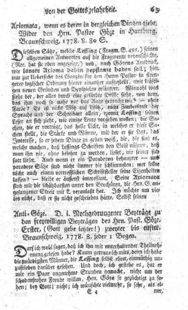 Anti-Goeze. D.i. Nothgedrungene Beyträge zu den freywilligen Beyträgen des Hrn. Past. Göze. Beitr.1-11.