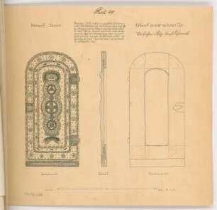 Eichentür, benagelt Monatskonkurrenz Januar 1916: Aufriss Vorderansicht, Rückansicht, Vertikalschnitt 1:10; Maßstabsleiste, Erläuterungstext
